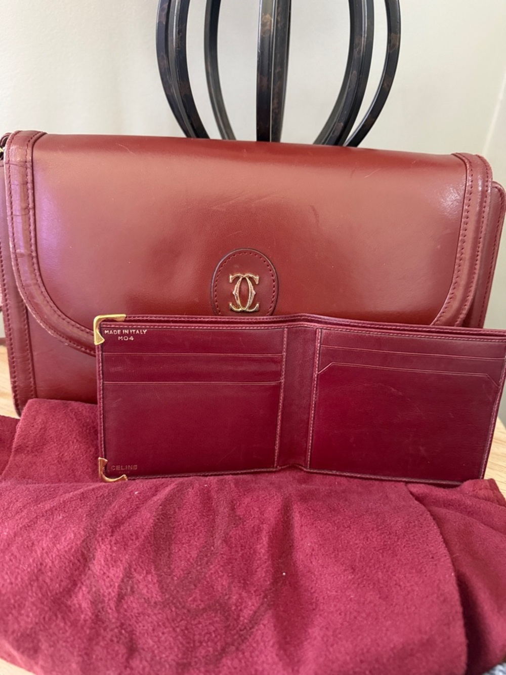 Cartier Must De Vintage Burgundy Leather Shoulder Bag include Celine card holder
